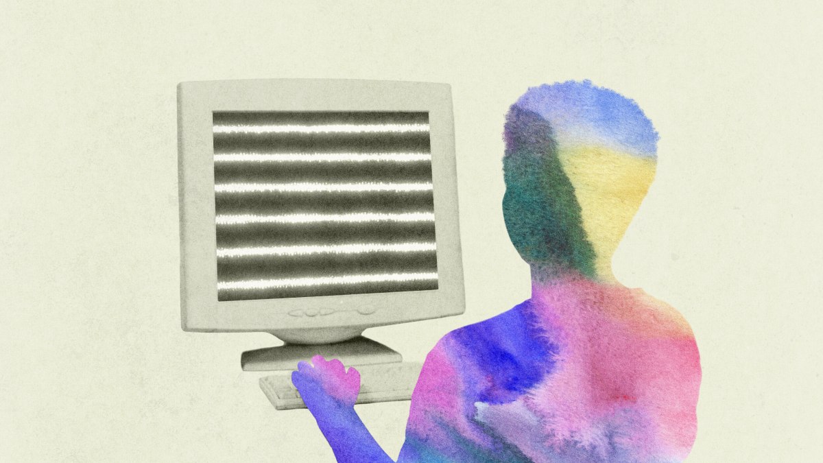 Person facing their digital reflection — the duality of real and synthetic identity